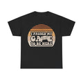 T-shirt, black, retro sunset circle graphic with game controller; text reads I PAUSED MY GAME TO BE HERE.