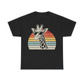 T-shirt with a giraffe wearing sunglasses over a vintage sunset stripe graphic on black fabric