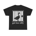 T-shirt, black with a white goose in a cage graphic and the text got too silly
