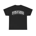 T-shirt Hang In There It Gets Worse with distressed white text on black vintage patch style