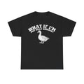 Black T-shirt with white vintage goose illustration and curved text What If I'm Not Silly Enough