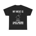 T-shirt, black with white distressed MY MEAT IS text and grill illustration; 100% GOING IN YOUR MOUTH