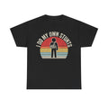 T-Shirt featuring I Do My Own Stunts with retro sunset circle and silhouette on black fabric