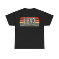 Black graphic T-shirt with retro striped banner showing I HAD POTENTIAL