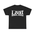 T-shirt black with white distressed I Just Work Here text graphic