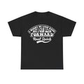 Black T-shirt with white circular slogan: I Might Be Laid Back But I Can Lean Forward Real Quick.