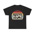 T-shirt, black with retro sunset circle graphic and game controller; I PAUSED MY GAME TO BE HERE.