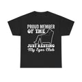 T-shirt, black with distressed white print reading Proud Member of the Just Resting My Eyes Club
