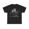 T-shirt in black with white distressed typography JUST RESTING MY EYES and a line-art illustration.