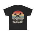 Black T-shirt with retro sunset circle graphic and crossed wrenches; features I Am The WARRANTY text.