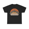 Mentally Spicy Sunset Shirt on black with retro orange sunset rays and curved text