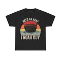 Black T-shirt with vintage Noah’s Ark graphic: retro sunset circle and bold NEED AN ARK? NOAH GUY lettering.