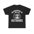 T-shirt, black with vintage white distressed print reading Happiness Is Being Outdoors, featuring mountains and pine trees