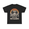 Retro T-shirt with orange sunset mountain graphic and pine trees on black fabric, bold Happiness Is Outdoors slogan.