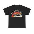T-shirt in black with a vintage rainbow arch graphic and the curved text outnumbered by girls.