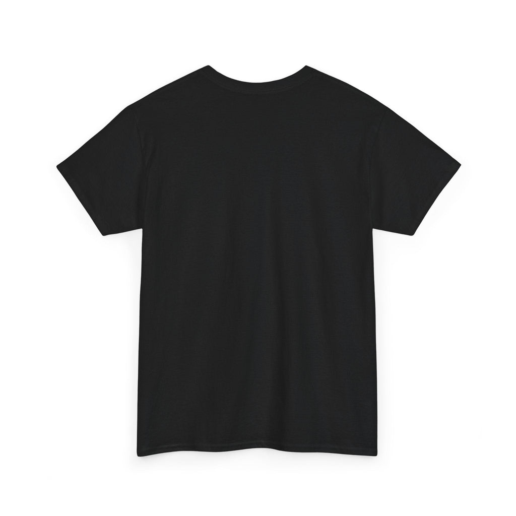 Black T-shirt, back view with crew neck and short sleeves.