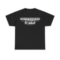 Black T-shirt with bold white text OUTNUMBERED BY GIRLS in retro style.