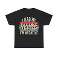 Black T-shirt with distressed beige text I HAD MY PATIENCE TESTED across retro rainbow stripes