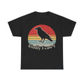Raven Sunset Retro Tee on black shirt with raven silhouette over a vintage sunset circle and Kindly f-caw-f