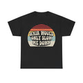 Black T-shirt with retro sunset circle and vintage 70s typography reading Hair Would Only Slow Me Down