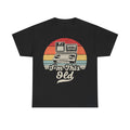 T-Shirt: black tee with retro cassette and boombox graphic inside a vintage sunset circle; I'm This Old