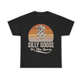 Graphic T-shirt, black, featuring a retro sunset circle with a cartoon goose wearing sunglasses and the text Silly Goose On The Loose