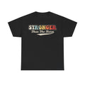 Black T-shirt with retro rainbow Stronger Than The Storm lettering and white script beneath.