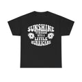 Black T-shirt with curved distressed white typography reading Sunshine mixed with a little hurricane