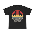 T-shirt, black, with retro sunset rainbow circle and two ravens, Attempted murder text across the front.