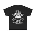 T-shirt, black with distressed white typography It's a Beautiful Day to Read Banned Books and an open-book graphic