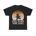 T-shirt black with retro orange sunset circle and stitched doll graphic; Still Plays With Dolls