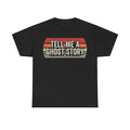 T-Shirt with retro sunset graphic on black shirt displaying TELL ME A GHOST STORY in bold white with a multicolor stripe backdrop