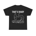 T-shirt black with white retro graphic THAT'S SHADY beach scene with surfboard and lounge chair
