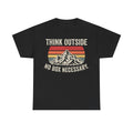 Black T-shirt with retro mountain graphic and sunset stripes; bold THINK OUTSIDE text.