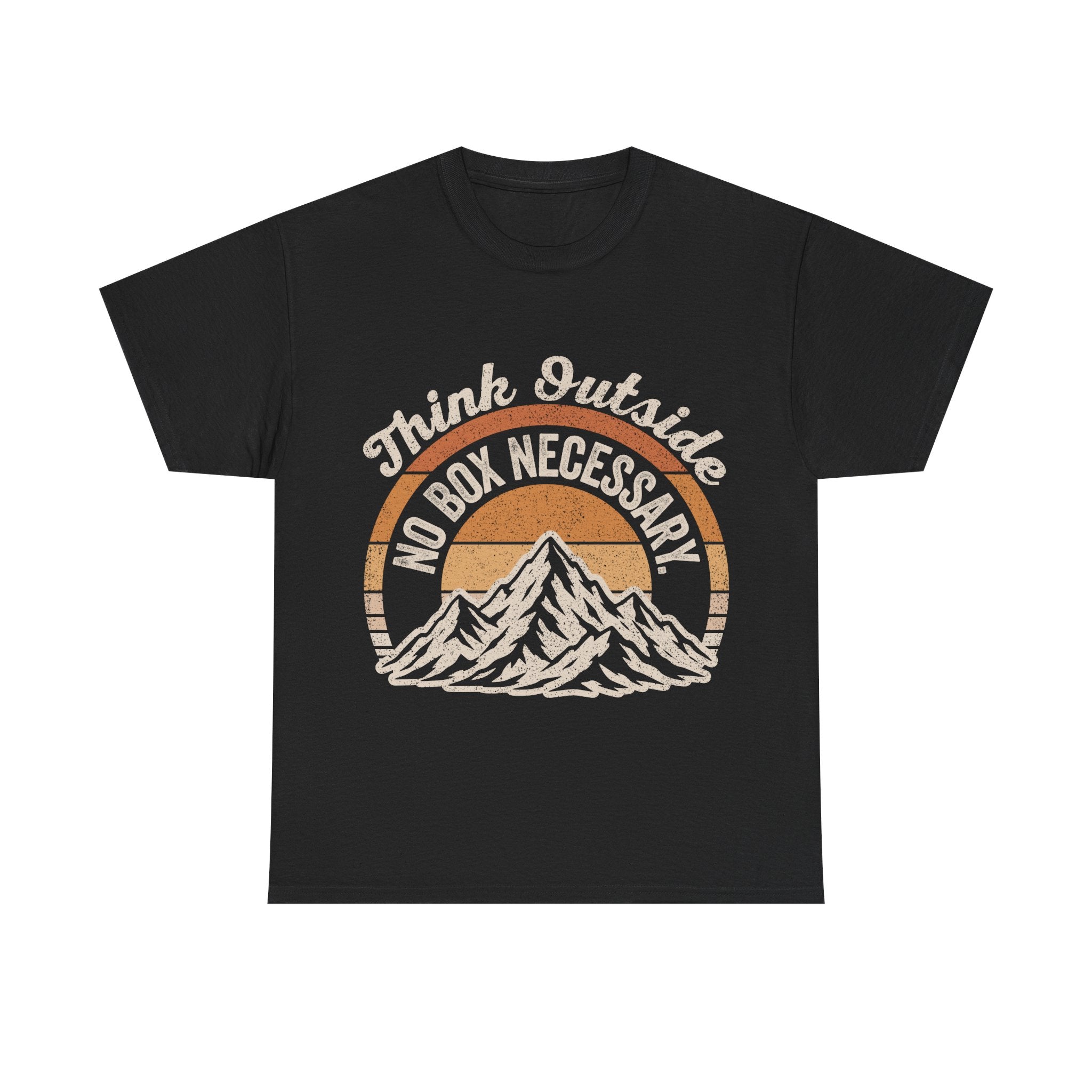 T-shirt in black with a retro circular mountain sunset design and the text Think Outside No Box Necessary.