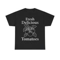 Black T-shirt with white vintage-style tomato plant illustration and the phrase Fresh Delicious Tomatoes