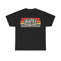 T-shirt, black, retro rainbow stripe graphic with TROPHY HUSBAND text