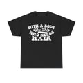 Black T-shirt with distressed white vintage typography reading WITH A BODY LIKE THIS WHO NEEDS HAIR